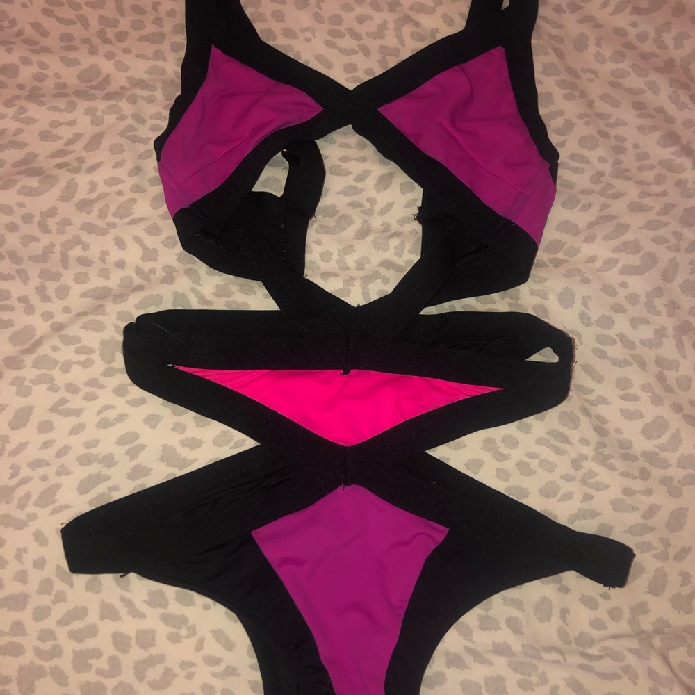 Neon pink orange strappy body suit rave